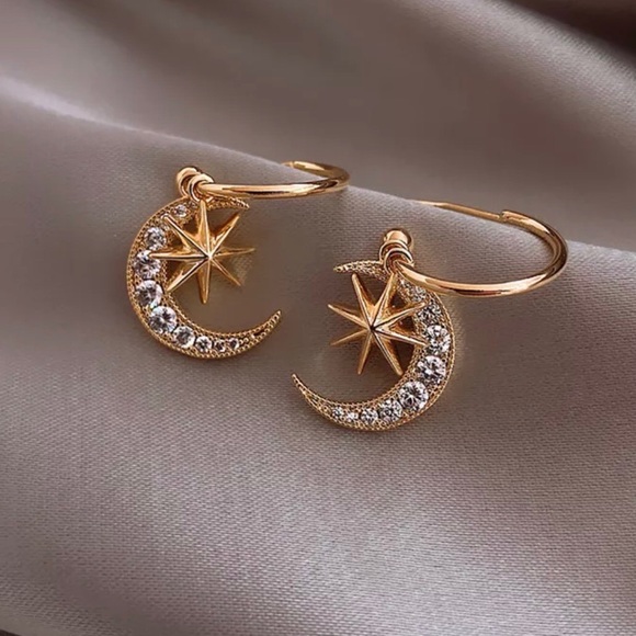 Gold Rhinestone Moon & Star Dangle Earrings - Picture 4 of 6